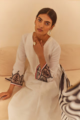 White Pleated Suit Set with Striped Dupatta- Inchingindia