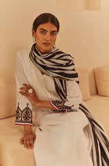 White Pleated Suit Set with Striped Dupatta- Inchingindia