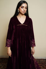 Wine Velvet Suit with Dupatta- Inching India