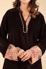 Brown Velvet Suit Set with Printed Dhoti for Women -Inching India