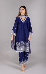 Navy Blue Women's Suit Set with Palazzos & Dupatta