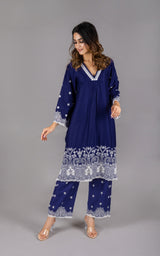 Navy Blue Women's Suit Set with Palazzos & Dupatta