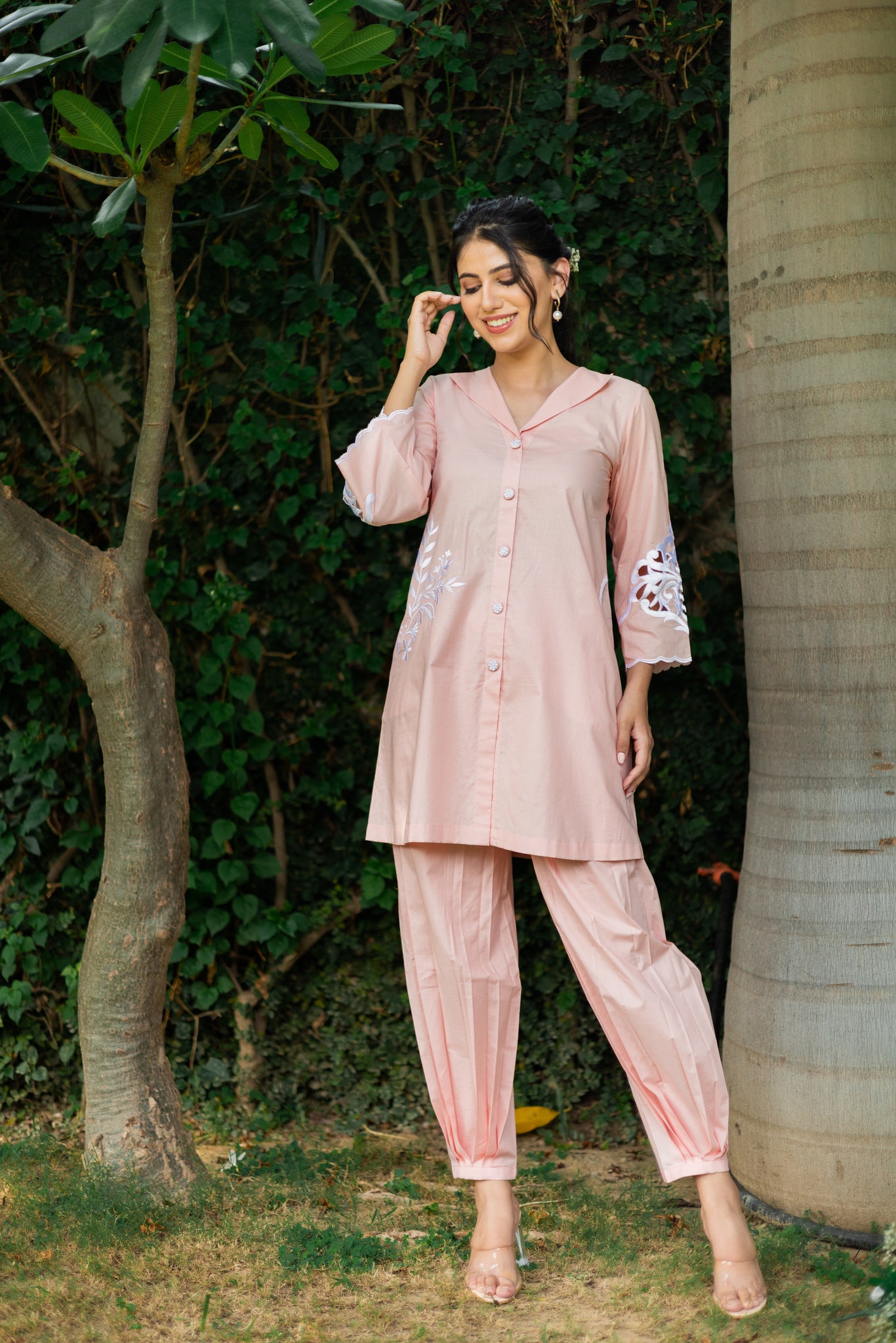 Baby Pink Classy Designer Readymade Pant Suit With Embroidery Work