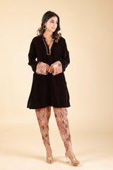 Brown Velvet Suit Set with Printed Dhoti for Women -Inching India