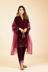 Wine Velvet Suit with Tulip Pants- Inching India