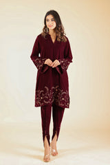 Wine Velvet Suit with Tulip Pants- Inching India