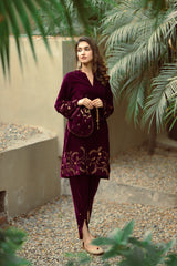 Wine Velvet Suit with Tulip Pants- Inching India