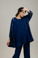 Navy Blue Cutwork Cape Set For Women -Inching India