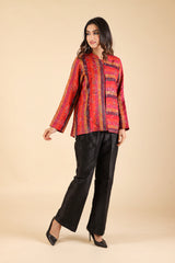 Pink-Red Striped Woolen Cape For Women- Inching India