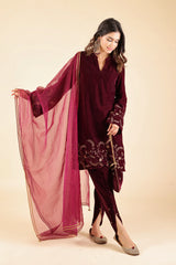 Wine Velvet Suit with Tulip Pants- Inching India