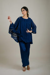 Navy Blue Cutwork Cape Set For Women -Inching India