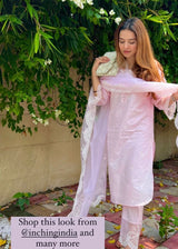 Pink Women's Suit Set with Organza Dupatta
