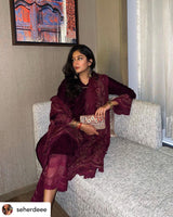 Wine Velvet Suit with Dupatta- Inching India