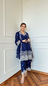 Navy Blue Women's Suit Set with Palazzos & Dupatta
