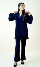 Midnight Blue Crushed Velvet Co-ord Set- Inching India