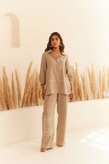 Beige Linen Patchwork Pants