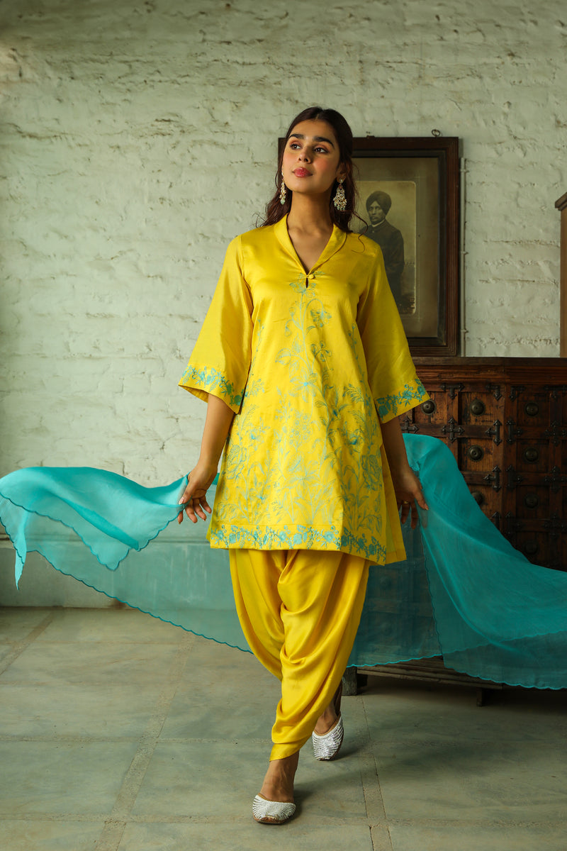  Contrast Yellow Embroidered Women's Dhoti Set