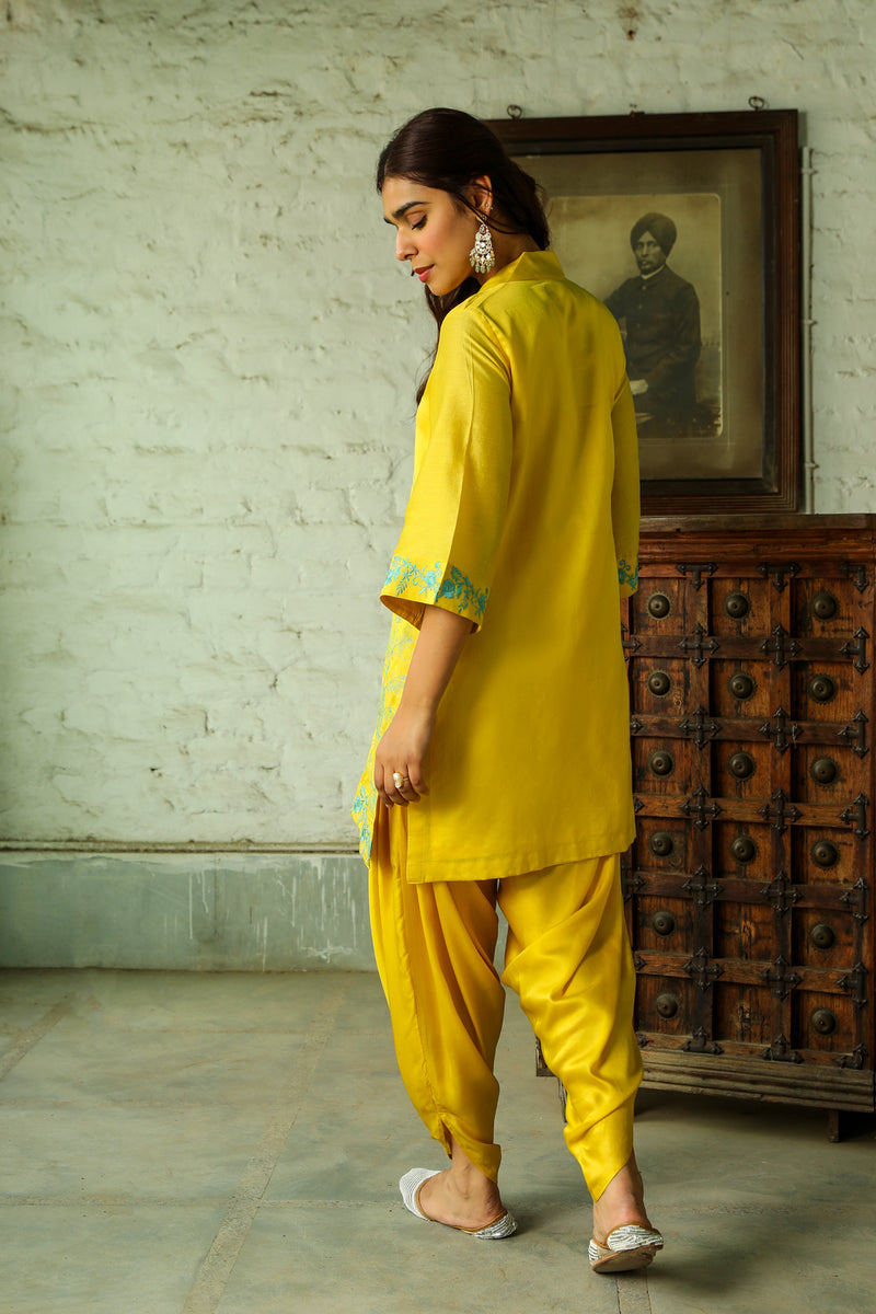  Contrast Yellow Embroidered Women's Dhoti Set