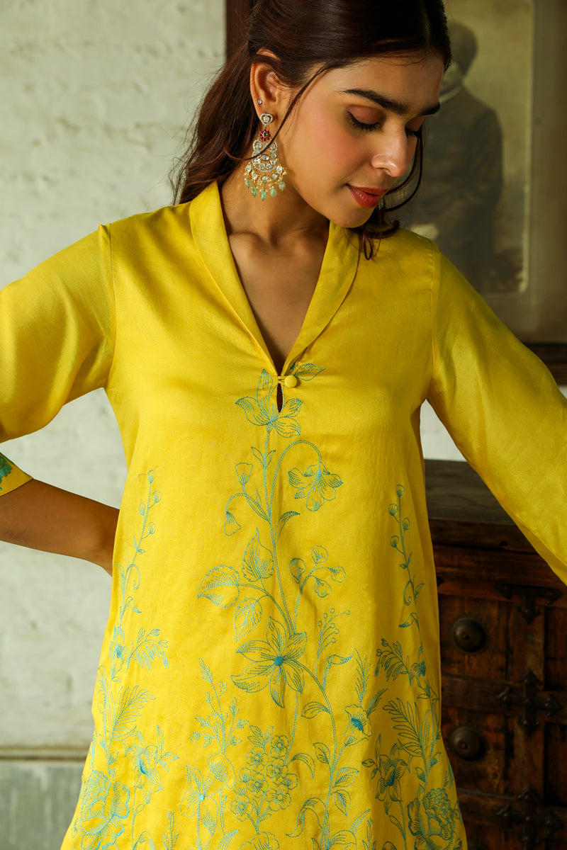  Contrast Yellow Embroidered Women's Dhoti Set