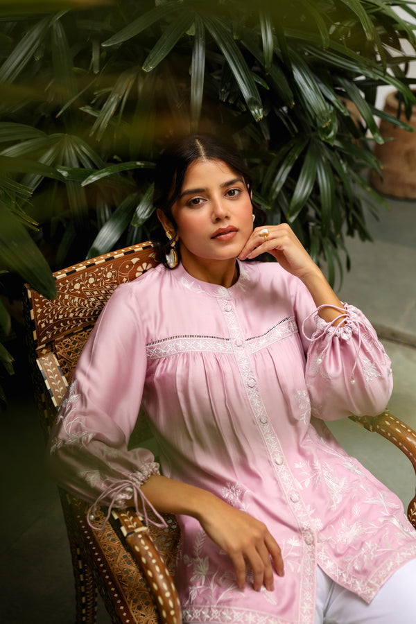 Pink Embroidered Top with White Linen Pants