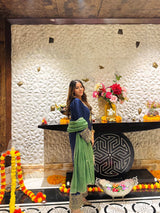 Navy Blue Embroidered Set with Green Organza Dupatta