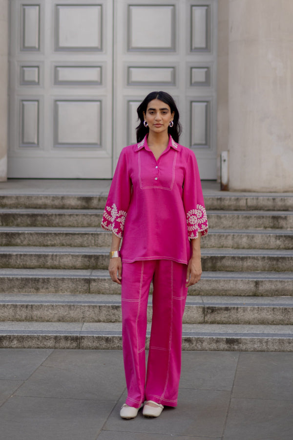Pink Broderie Linen Set