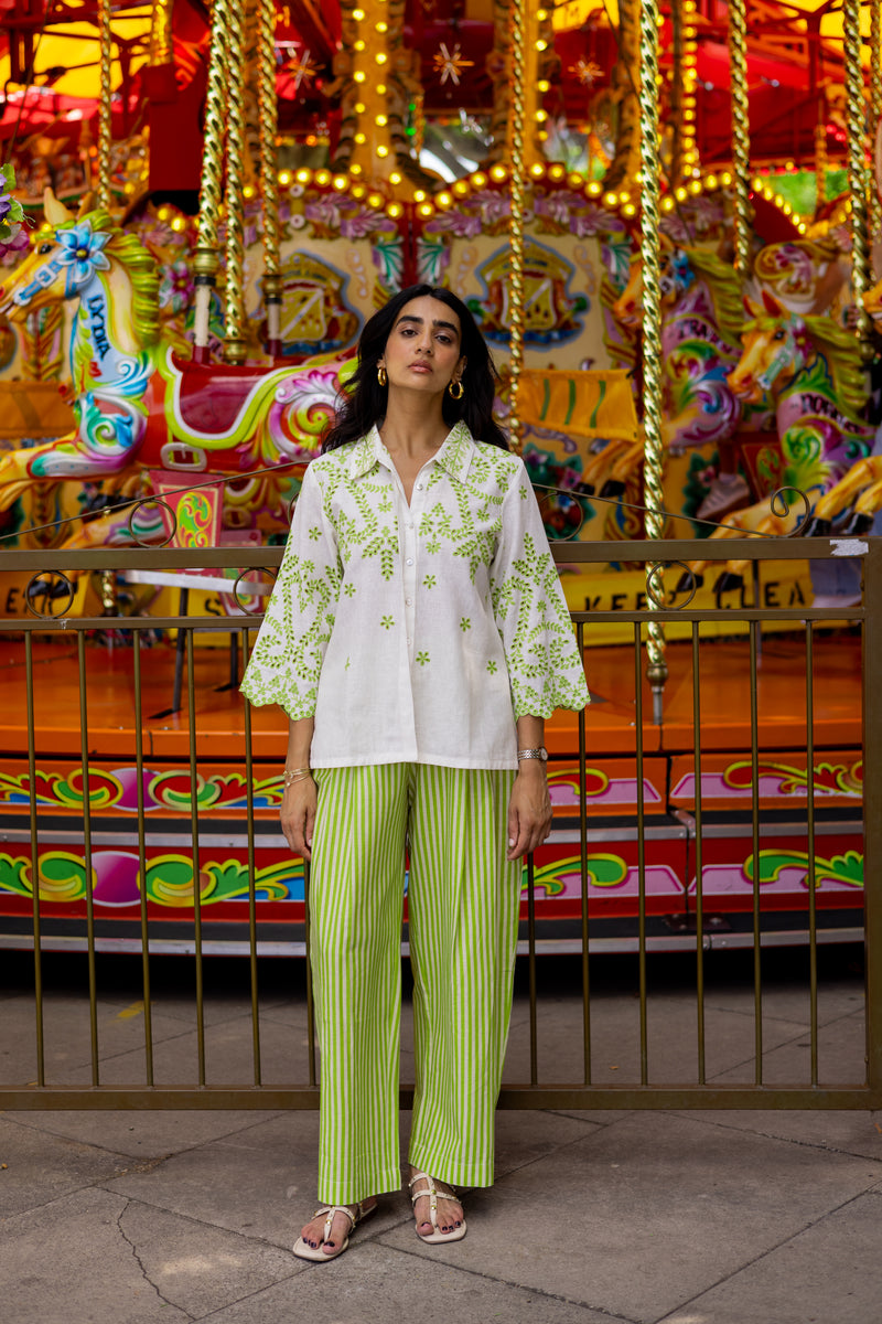 White Linen Cutwork Top with Green Striped Pants