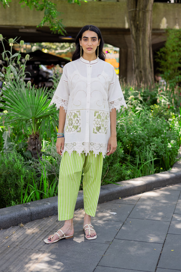 White Cutwork Elegance Top with Striped Narrow Salwar