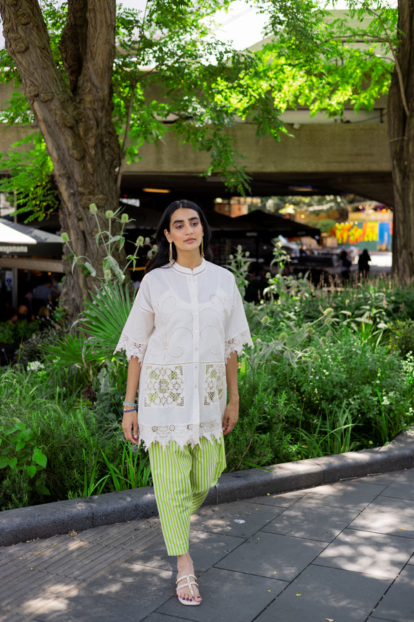 White Cutwork Elegance Top with Striped Narrow Salwar