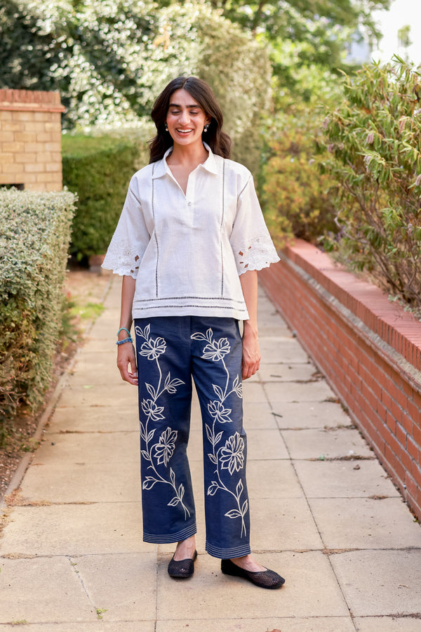 White Linen Cutwork Top with Denim Embroidered Pants