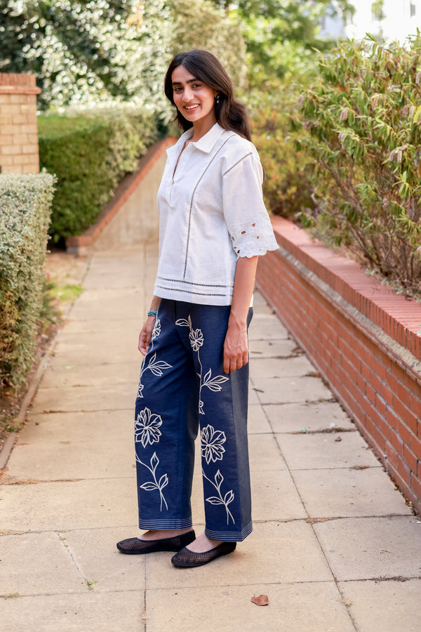 White Linen Cutwork Top with Denim Embroidered Pants