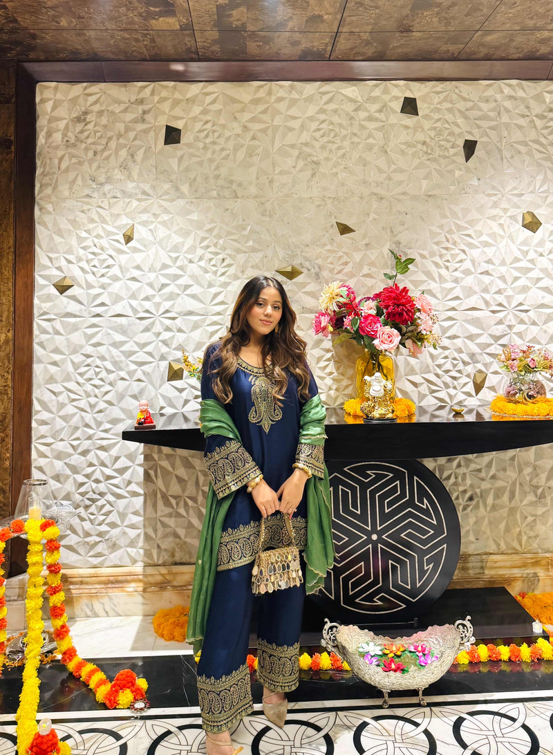 Navy Blue Embroidered Set with Green Organza Dupatta