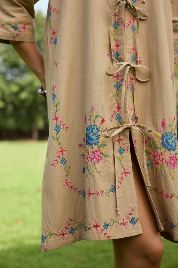 Beige Bloom Cross Stitch Dress