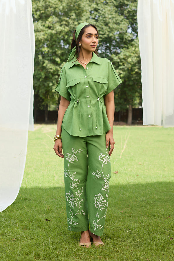 Green Floral Embroidered Linen Set