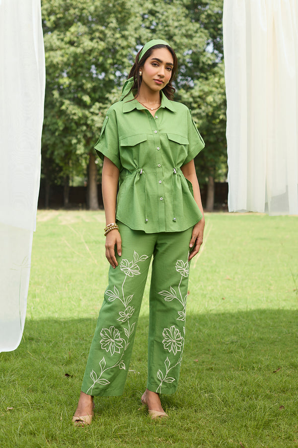 Green Floral Embroidered Linen Set