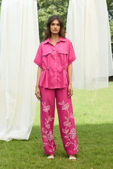 Pink Floral Embroidered Linen Set