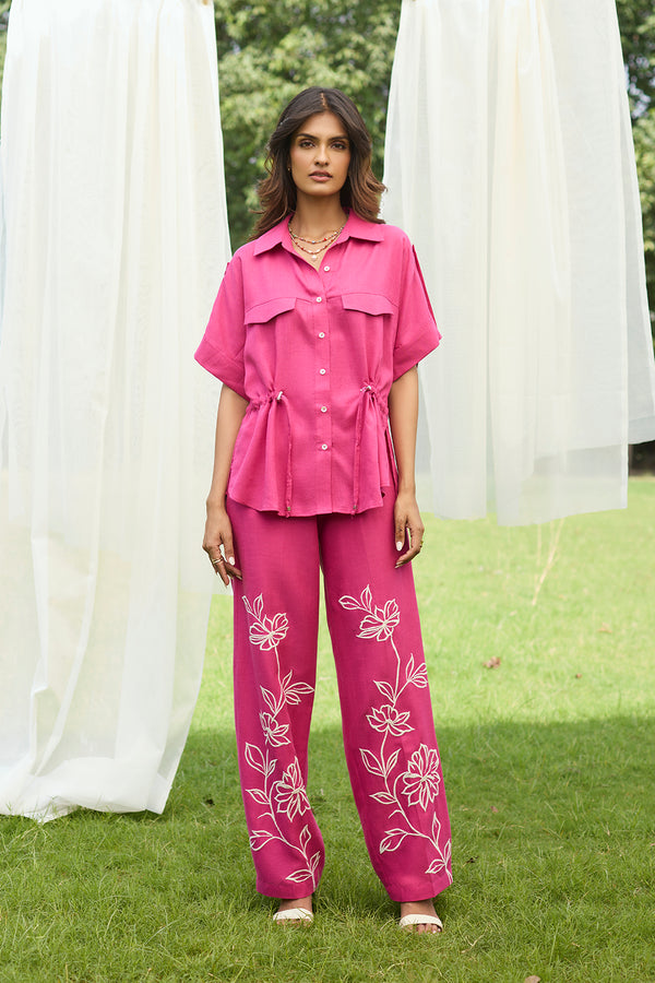 Pink Floral Embroidered Linen Set