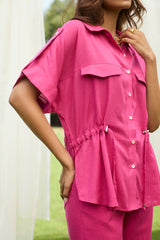 Pink Floral Embroidered Linen Set