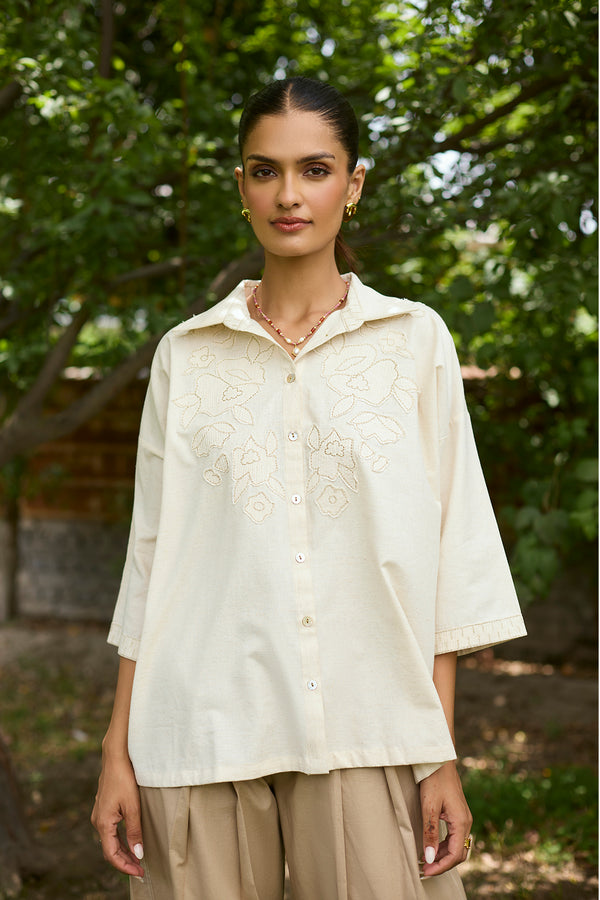 Floral Applique Top with Beige Farshi Pants