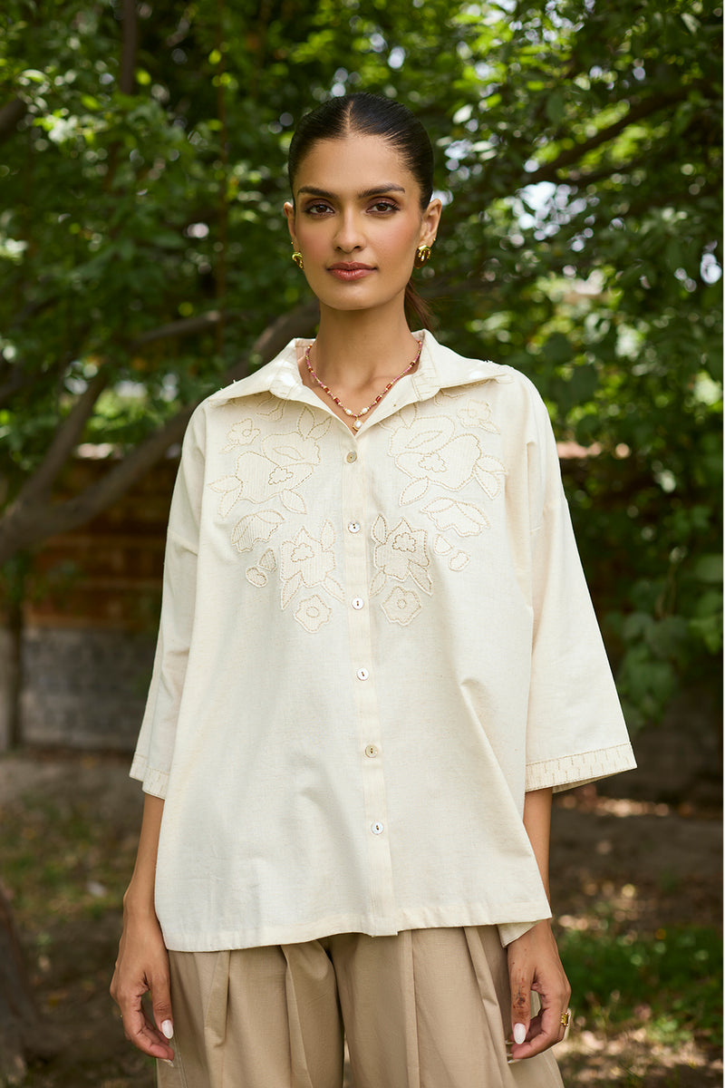 Floral Applique Top with Beige Farshi Pants