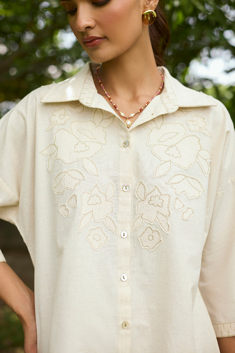 Floral Applique Top with Beige Farshi Pants