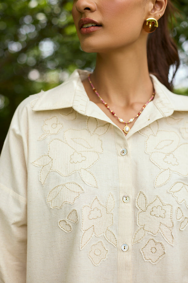 Floral Applique Top with Beige Farshi Pants