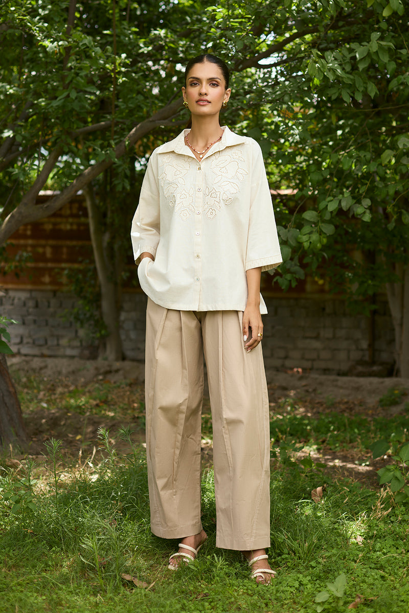 Floral Applique Top with Beige Farshi Pants