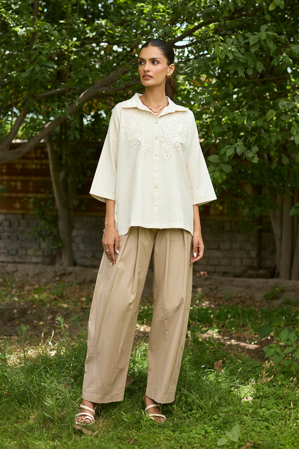 Floral Applique Top with Beige Farshi Pants