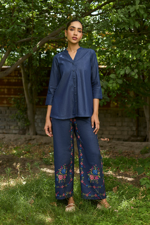 Denim Top with Cross Stitch Embroidered Pants