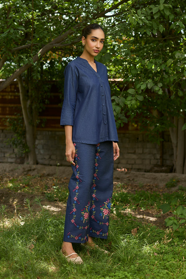 Denim Top with Cross Stitch Embroidered Pants
