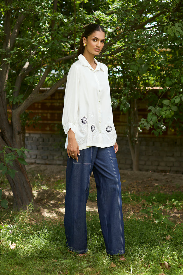 Cream Broderie Top with Denim Pants