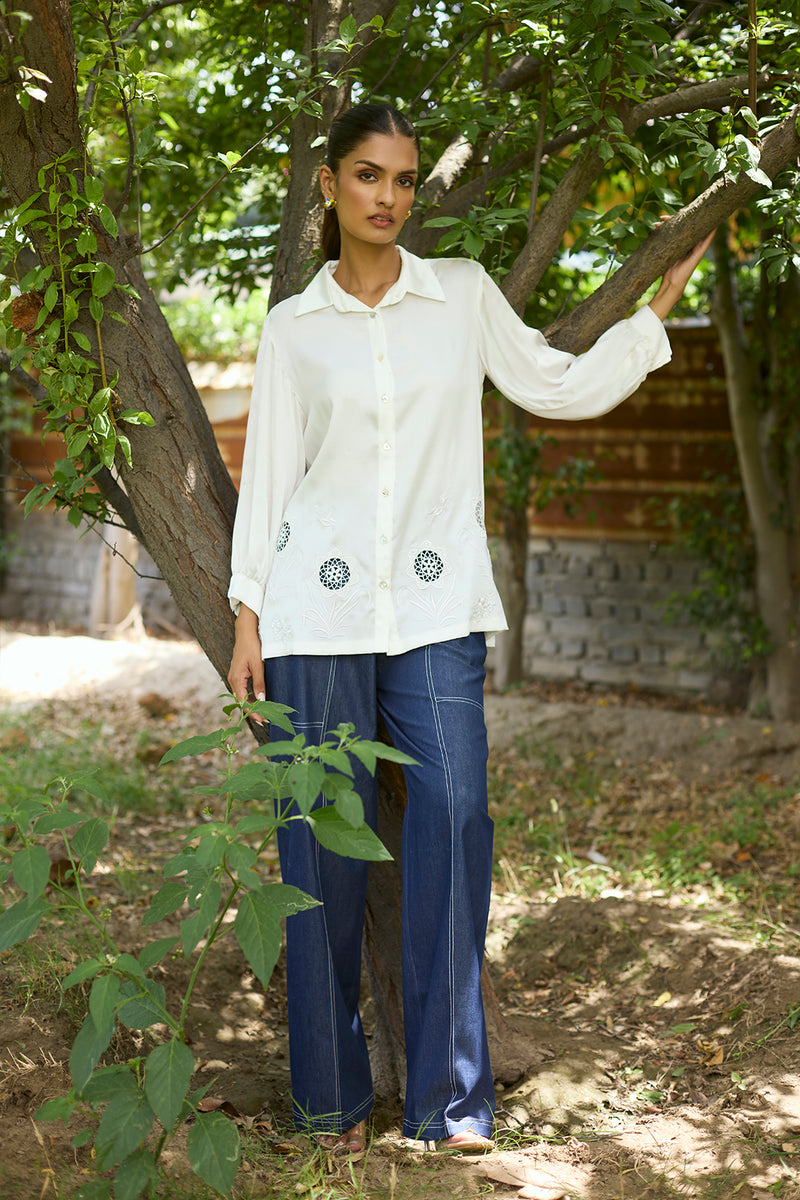 Cream Broderie Top with Denim Pants