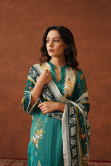 Teal Floral Print Suit with Contrast Dupatta