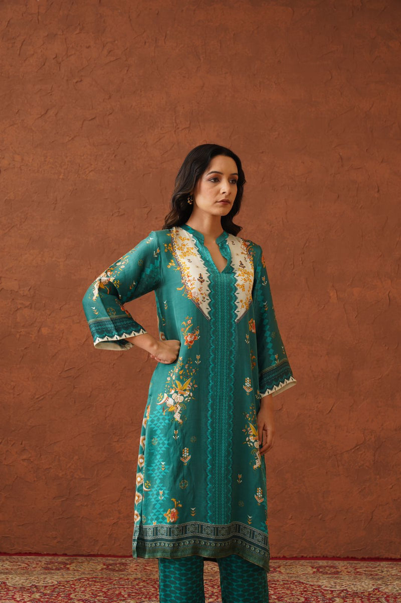 Teal Floral Print Suit with Contrast Dupatta